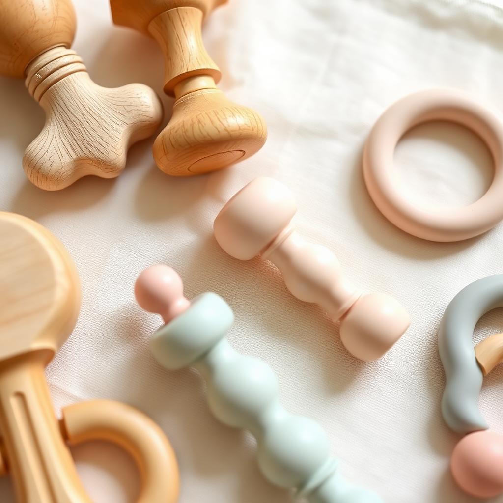 Close-up of natural wooden and soft silicone baby toys